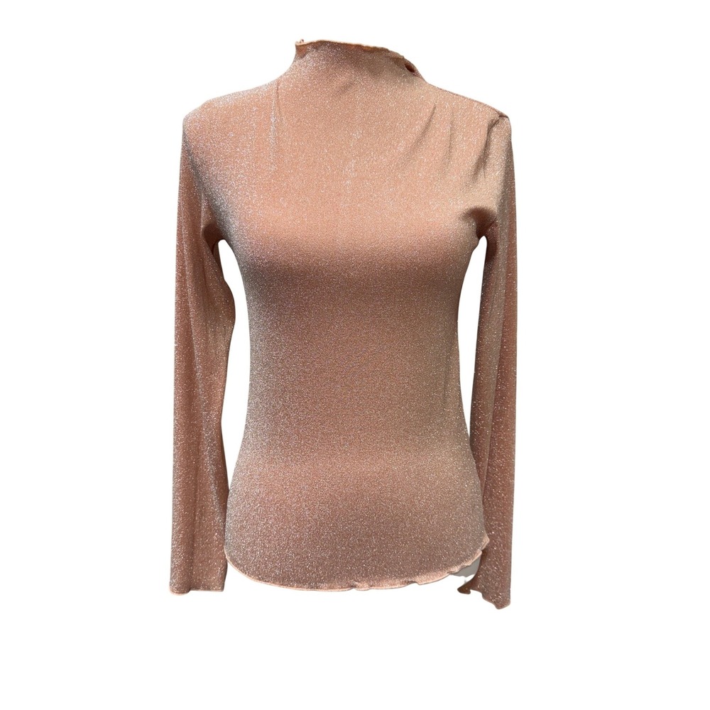 Sage + Fig Womens Small Rose Gold Metallic Shimmer‎ Mock Neck Lettuce Edge Top
